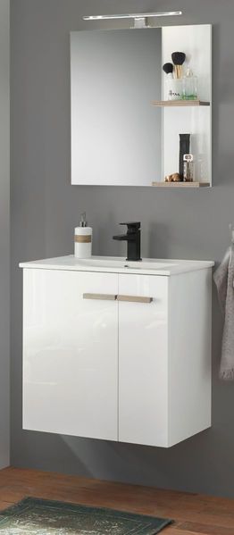 Badmöbel Set Dense 3-tlg. in weiß Lack Hochglanz und Eiche 60 cm, mit Waschbecken und Beleuchtung