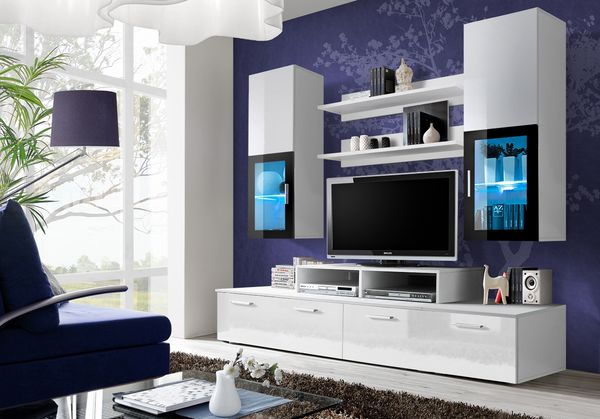Wohnwand Mini mit LED Beleuchtung in Weiß 200 x 190 cm