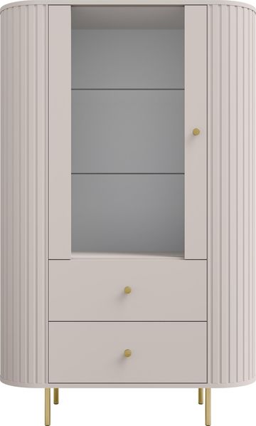 AX LIVING Vitrine Halay Beige, 1 Tür & 2 Schubladen Moderne Rillenstruktur, mit runden Kanten