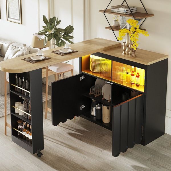 Flieks Bartisch mit 360° drehbar Tisch, LED-Beleuchtung und Glas-Schiebetüren (Set, 2-St, mit Rollen und verstellbaren Einlegeböden, 135-205×39×100cm), beweglicher Stehtisch Küchenschrank mit zaunförmige Türen Schwarz