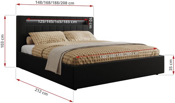 Polsterbett GOLD 5 CLASSIC 160 x 200 cm mit LED-Beleuchtung & Bettkasten, Doppelbett inkl. Lattenrost, Metall-Lift-System & Stauraum - Schwarz Kunstleder Bild 7