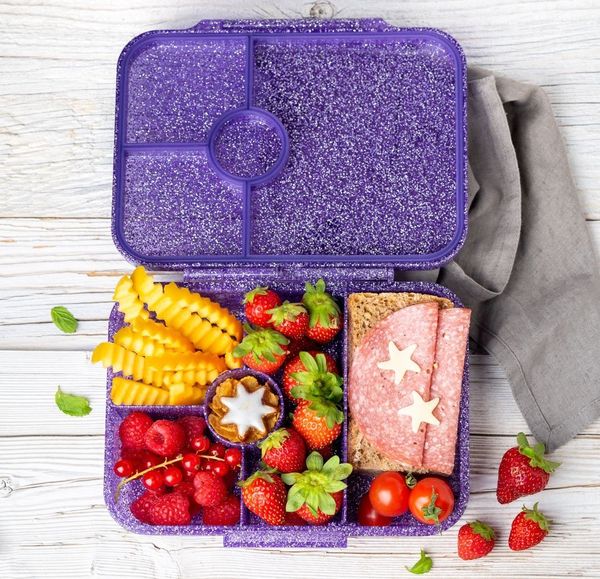 LEKKABOX Lunchbox Glitzer Brotdose, 4 Fächer - Kinder Bento Box Vesperdose Brotbox, Für feuchte Lebensmittel auslaufsichere Bento Box, inkl. extra Trenner
