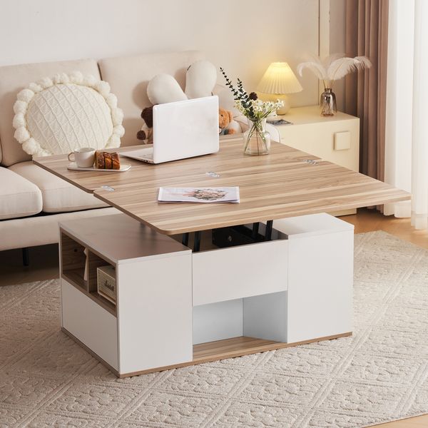 Höhenverstellbarer Couchtisch, Weiß & Holz, 100x51x47 cm, mit 2 Schubladen