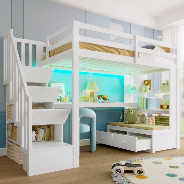 Flieks Hochbett Kinderbett 90x200cm mit LED, Stauraumtreppe, Schreibtisch, Schubladen