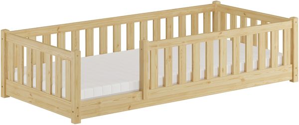 Kinderbett, Holzbett 90x200 mit Rundumsicherung Kiefer natur lackiert V-60.77-09Rollrost und Matratze inkl.