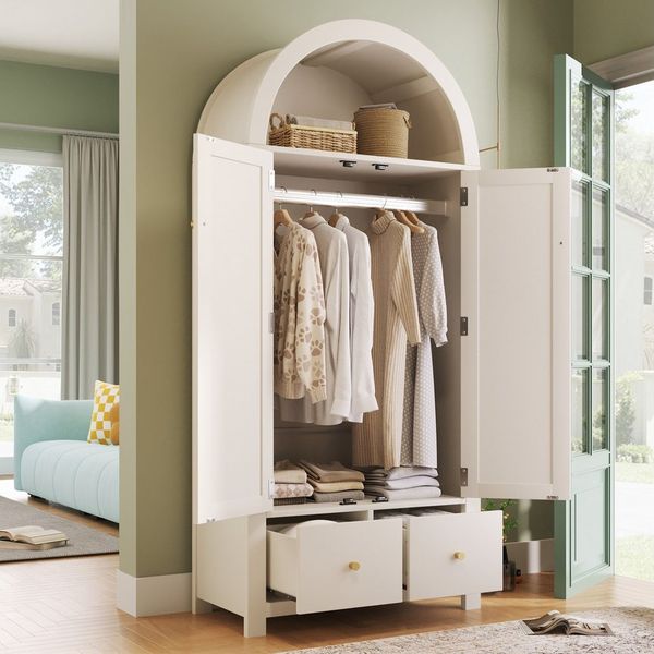 HAUSS SPOLE Kleiderschrank in Bogenform,Garderobenschrank mit Kleiderstange und Schubladen,Weiß (Landhausstil mit offene halbrunde Ablage,mit Kippsicherungen) mit Magnetverschluss und Lochabdeckungsaufklebern