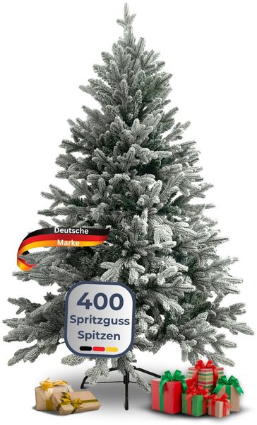 Weihnachtsbaum künstlich 160cm mit Schnee [Inkl. Lichterkette] Nordfichte - Spritzguss | Tannenbaum naturgetreu inkl. Baumständer