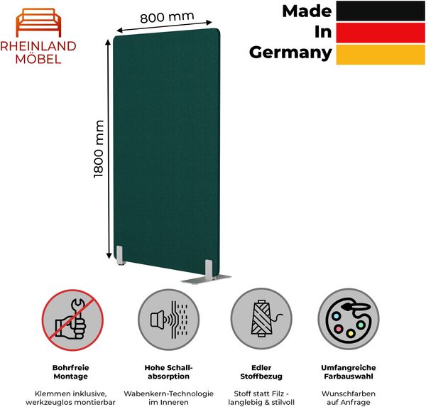 Rheinland Möbel FocusWall STW0818 – Akustik-Stellwand 800×1800 mm in Stofffarbe Windjammer inkl. Standfüßen – Schreibtisch-Trennwand für Büro & Homeoffice – Schallschutz – Made in Germany Bild 2