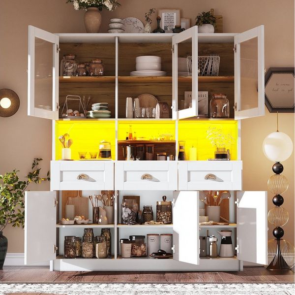 Flieks Küchenbuffet mit LED-Beleuchtung und verstellbaren Einlegeböden (1-St, B140/T40/H175 cm) Hochschrank Küchenschrank Geschirrschrank mit Schubladen und Acryltür
