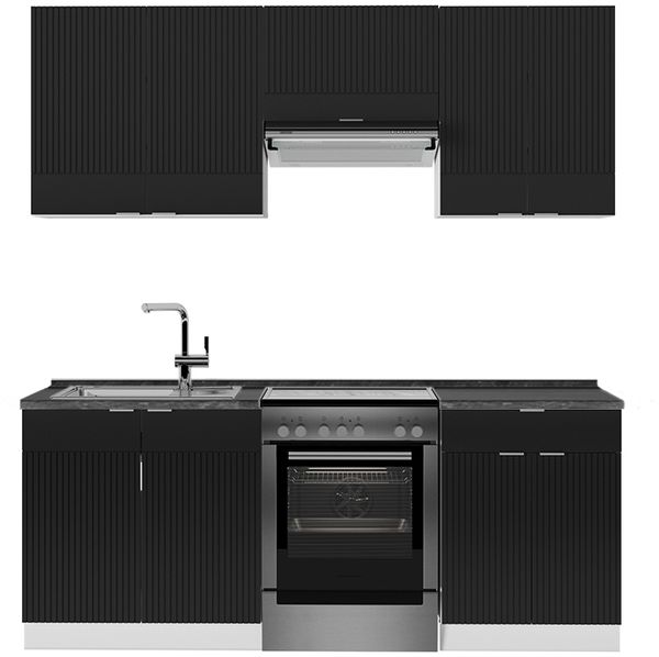 Küchenzeile Fame-Line Schwarz gestreift/Weiß 200 cm , AP Anthrazit Vicco