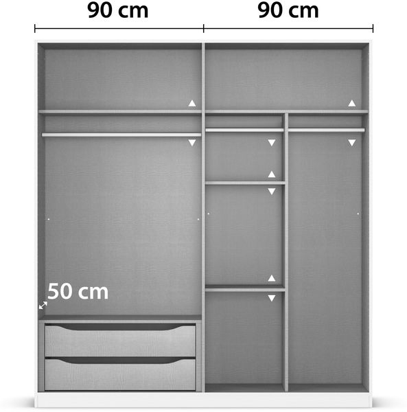 rauch Kleiderschrank Alba, Drehtürenschrank, Garderobenschrank, 4-türig, mit Spiegel, mit 3 Kleiderstangen, 4 Einlegeböden und Schubladeneinsatz, Farbe Grau metallic, Schwarz, Griffstange Grau metallic, Schwarz, 181x197x54cm Bild 6