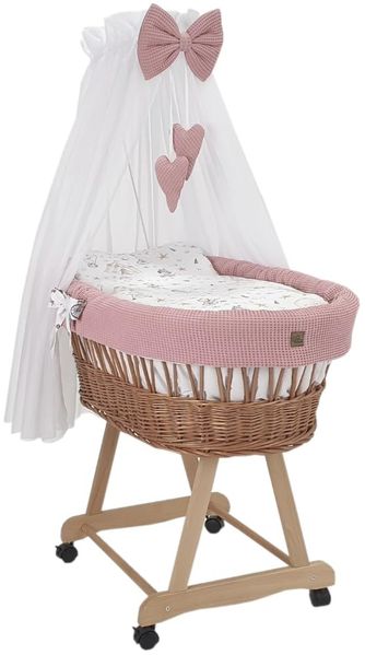 Wiklinopol Stubenwagen aus Weide mit Baldachin und Gestell Lena – Moseskorb in Natur, Komplettset mit 5-TLG. Waffel-Bettwäsche Zirkusmotiv – Mit Rollen, Tragbar, Sicher