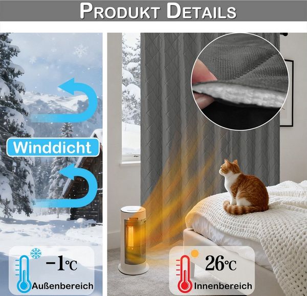 Sunicol Gardine Raumteiler Vorhang, Doppellagige Lärmschutz Verdunkelungsvorhang, Blickdicht Winter Thermovorhänge für Schlafzimmer, Extrabreit