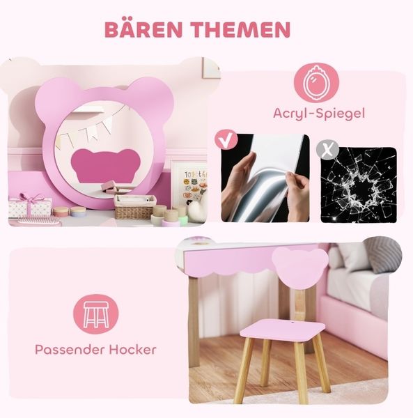 Schminktisch-Set für Kinder 68x35x86 cm in Pink mit Acrylspiegel und Hocker Bild 2