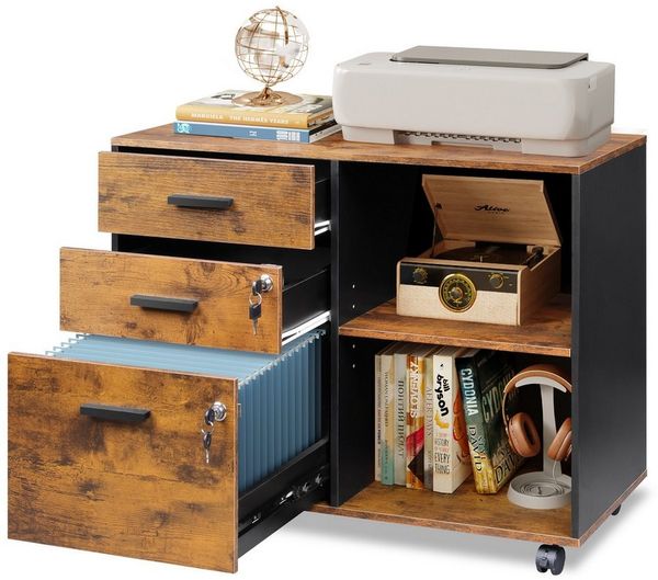 DEVAISE Aktenschrank Rollcontainer mit 3 abschließbaren Schubladen & offenem Fach, (80×40×63 cm) mobiler Aktenschrank auf Rollen, Hängeregistratur Letter