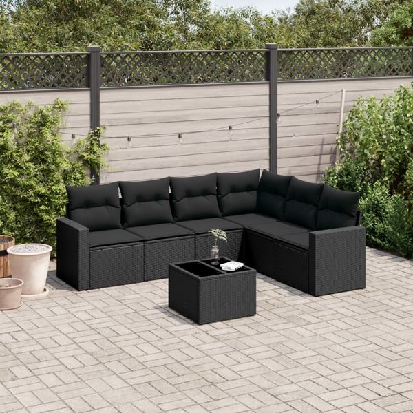 vidaXL 7-tlg. Garten-Sofagarnitur mit Kissen Schwarz Poly Rattan 3219005