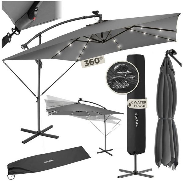 tectake Ampelschirm Sonnenschirm mit LED Solar-Beleuchtung und Winddach, 250x250 cm, Balkonschirm Sunna, für Außen in Hellgrau, neigbar, wasserabweisend, inkl. Windsicherung und Schutzhülle