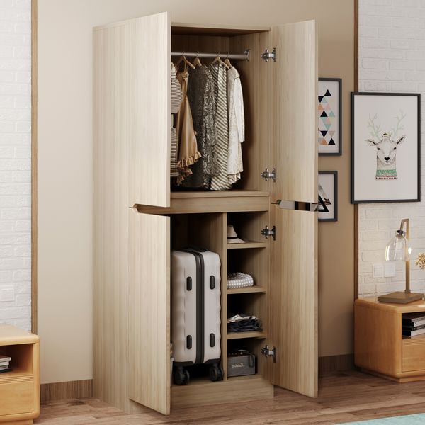 Kleiderschrank aus Holz mit Doppeltüren & Staufächern, 70 x 40 x 170 cm, Holzfarbe