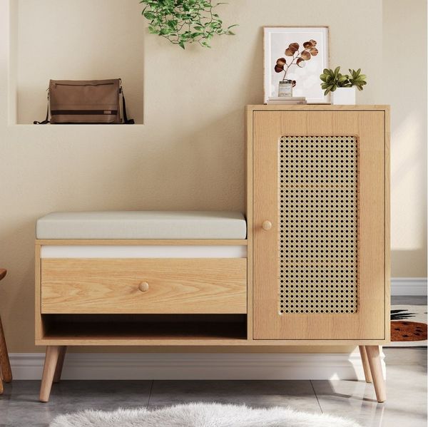 HAUSS SPOLE Schuhschrank Rattan-Optik,Schuhständer Schuhkommode Sitzbank Schubladen Natur (Rattanschrank aus Spanplatten und MDF mit verstellbaren Einlegeböden für verschiedene Schuhtypen, mit mehrere verstellbare Einlegeböden für verschiedene Schuhtyp...