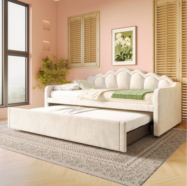 Merax Daybett 90x200cm/180x200cm Tagesbett mit Ausziehbett (1 tlg), Polsterbett mit LED-Streifen, Schlafsofa Kinderbett, Samt
