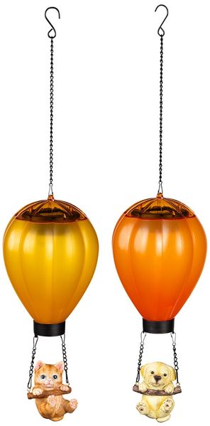 2x LED Solar, Hängelampe, Hund Katze, Heißluftballon, H 49 cm