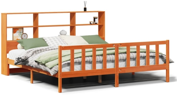 vidaXL Massivholzbett mit Regal ohne Matratze Wachsbraun 200x200 cm 3321726