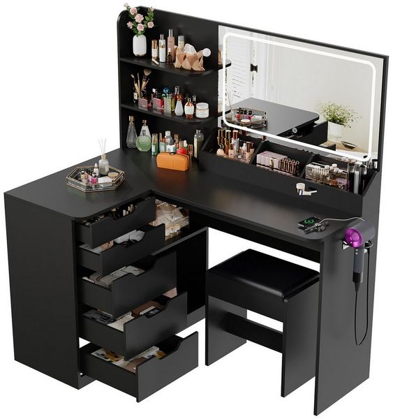 Furnicopia Schminktisch LED-Schminktisch mit großer Ablagefläche und Hocker (Maße: 120 x 80 x 136 cm Ausstattung: 5 Schranktüren, 8 Staufächer Ausstattung: 2 Steckdosen + 1 USB-Anschluss + 1 Typ-C-Anschluss Inklusive Föhnhalterung-ostern geschenke)