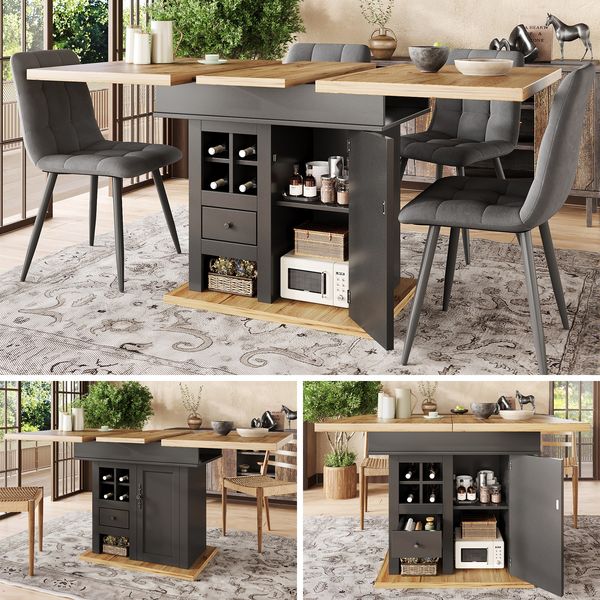 Esstisch Teleskoptisch(110-140×80cm), klappbarer Küchentisch für 4-6 Personen, Ausziehbarer Esstisch ,platzsparender Küchentisch,für Küche und Wohnzimmer,Esstisch mit Weinregal und Schubladen