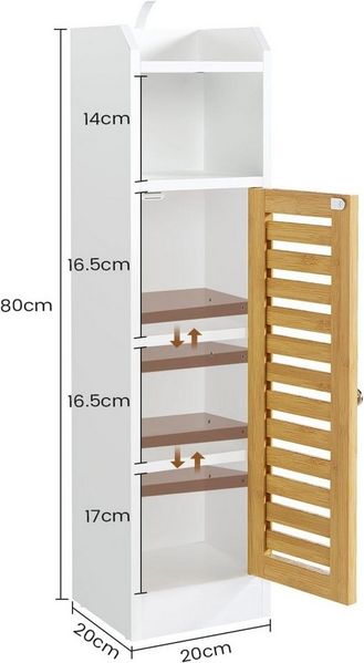 MSMASK Badregal Badezimmerschrank, Toilettenschrank, Beistellschrank 20×20×80 cm, 1-tlg, mit 2 offenen Fächern & Verstellbare Ablagen