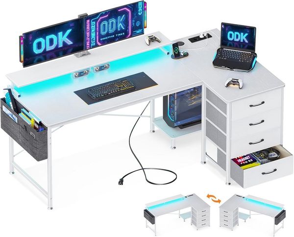 ODK Eckschreibtisch mit 4 Schubladen, Schreibtisch mit Steckdosen & USB Ladeanschluss, Weiß, 160x80x86cm