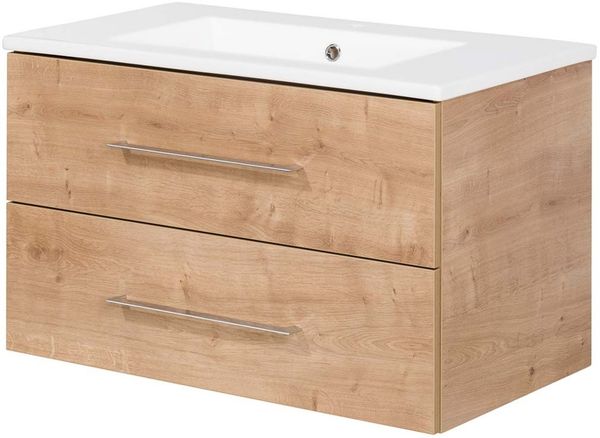 FACKELMANN B.PERFEKT Waschbecken mit Unterschrank 82 cm breit, Braun hell, Waschbecken Keramik Weiß