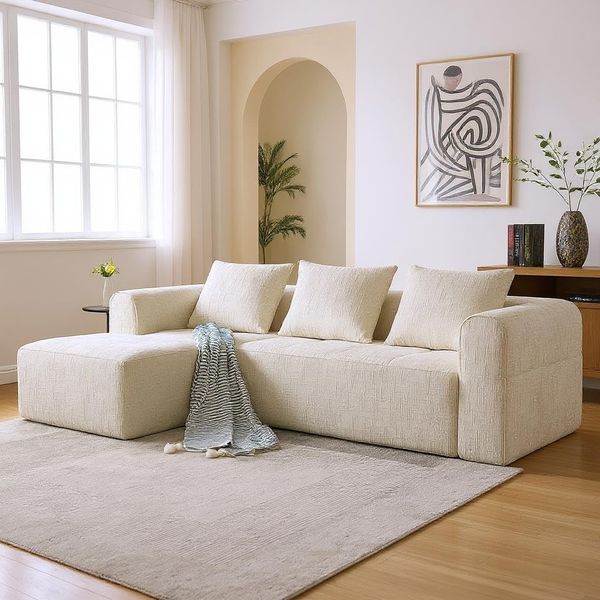 FurnitureR Wohnzimmerset: Modulares Sofa mit 3 Kissen, Chaiselongue, Stauraum und Chenille-Bezug – Komplettlösung ohne Montage