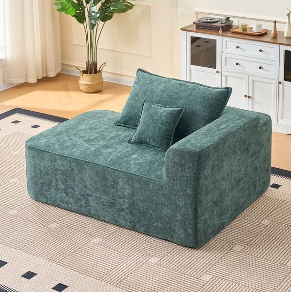 Chaiselongue, Chenille mit Kissen & Seitentaschen, 144x112x65 cm, Grün, komplett montiert