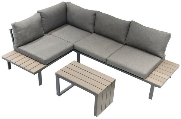 ONDIS24 Gartenlounge-Set Ecksitzgarnitur Gartenmöbel-Set Eckbank, (3-tlg), inkl. Auflagen, Tisch mit Polywoodplatte, Holzoptik