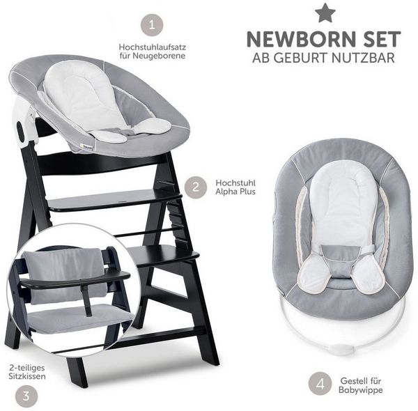 Hauck Hochstuhl Alpha Plus Black Newborn Set - Stretch Grey (Set), Holz Babystuhl ab Geburt inkl. Aufsatz für Neugeborene & Sitzauflage