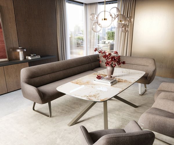 Esszimmerbank Taya-Flex 285x190 cm Strukturstoff Soft Taupe Kufengestell flach Effektfinish Titan Taschenfederkern Links