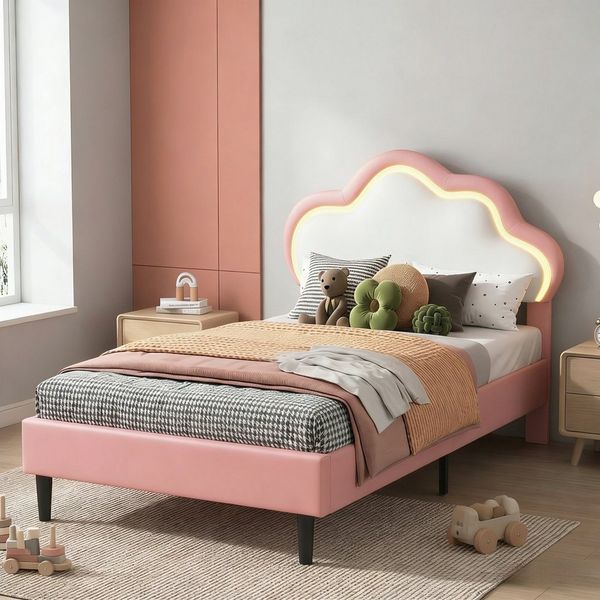 Furnishings Home Kinderbett Polsterbett LED mit Kopfteil 90x200 cm (Einzelbett mit LED-Beleuchtung), Geeignet für Jungen und Mädchen