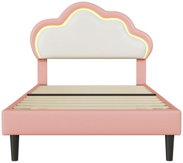 Furnishings Home Kinderbett Polsterbett LED mit Hasenohren Kopfteil 90x200 cm (1-tlg, LED Beleuchtung steuerbar per App/Fernbedienung), Einzelbett mit Hasenohren Kopfteil und Lattenrost, Samt