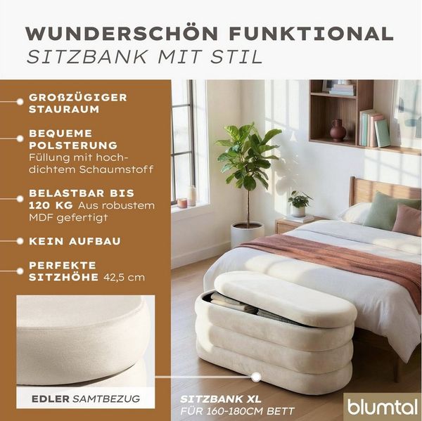 Blumtal Sitzbank mit Stauraum XL oval, Samt-Bezug - robuste Polsterbank mit Stauraum Samtoptik extra weich 110 x 45 x 42.5 cm - Polsterbank mit Stauraum - wunderschöner Samt-Look - Ottoman Creme