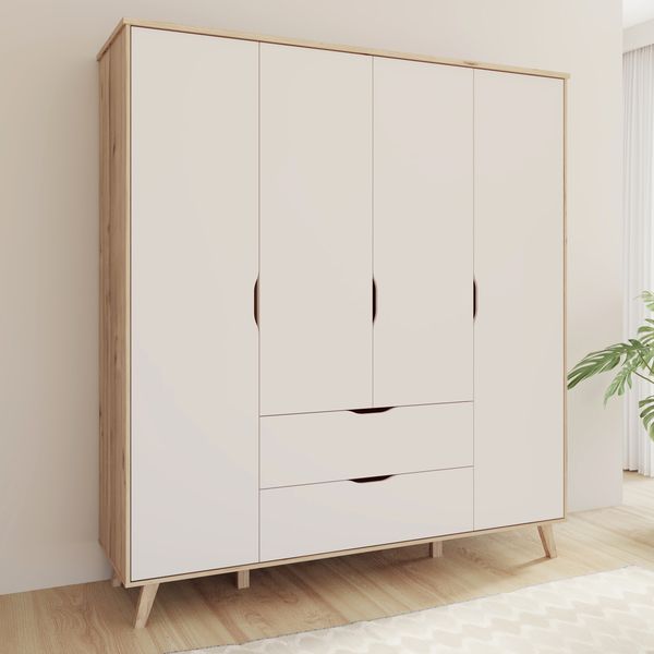 Forte VANKKA Kleiderschrank 185, Skandi Schrank mit 4 Drehtüren und 2 Schubladen, filigrane Möbelbeine, Holzwerkstoff, Planked Eiche Holzdekor | Weiß, 184,1 cm breit x 201,5 cm hoch x 52,7 cm tief