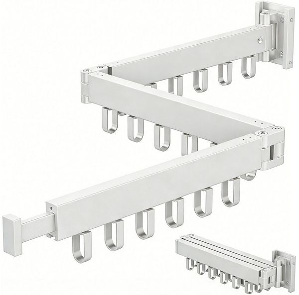 OSTWOLKE Wandwäschetrockner Wäscheständer Wandmontage Klappbar Ausziehbar 120cm, mit 18 Haken, für Balkon, Wäsche, Badezimmer