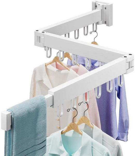 OSTWOLKE Wandwäschetrockner Wäscheständer Wandmontage Klappbar Ausziehbar 120cm, mit 18 Haken, für Balkon, Wäsche, Badezimmer