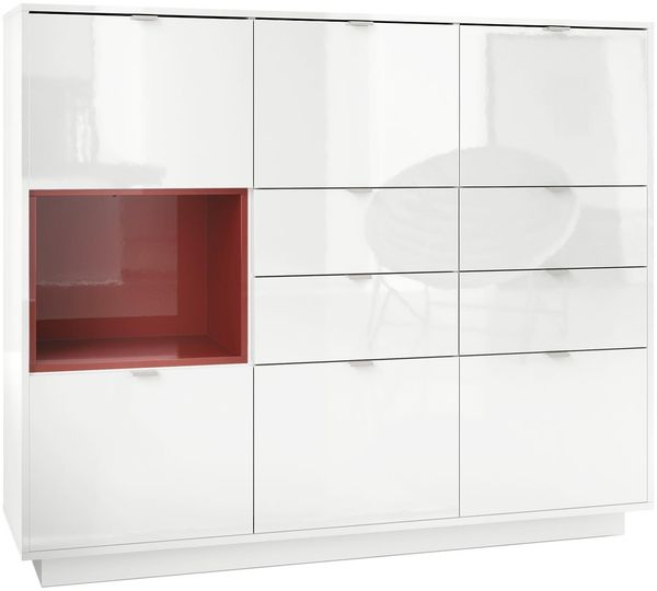 Highboard Sideboard Metro V2, Korpus in Weiß Hochglanz / Fronten in Weiß Hochglanz mit Einsatz in Bordeaux Hochglanz