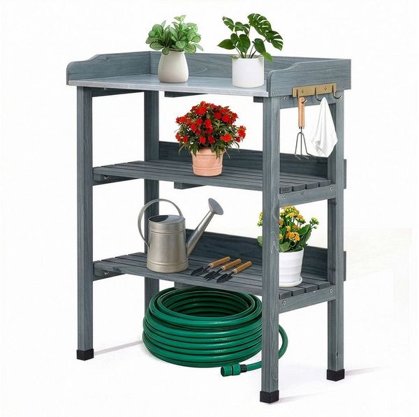 LALAHO Pflanztisch 3 Ablagen, Gärtnertisch mit verzinkter Arbeitsplatte, Garten-Blumentisch für Outdoor, wetterfest, 74x36x90cm, Holzfarbe