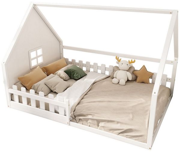Flieks Massivholzbett, Kinderbett Hausbett Doppelbett 140x200cm mit Lattenrost und Zaun
