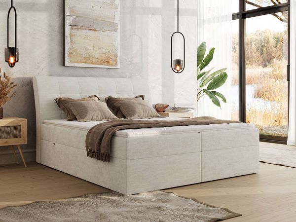 Boxspringbett DAGOS 180 x 200 cm mit Kopfteil, Lattenrost und Stauraum – Doppelbett mit Matratze & Topper Visco , stabile Konstruktion, Bettkasten, modernes Design - Creme Schenille glatt - H3