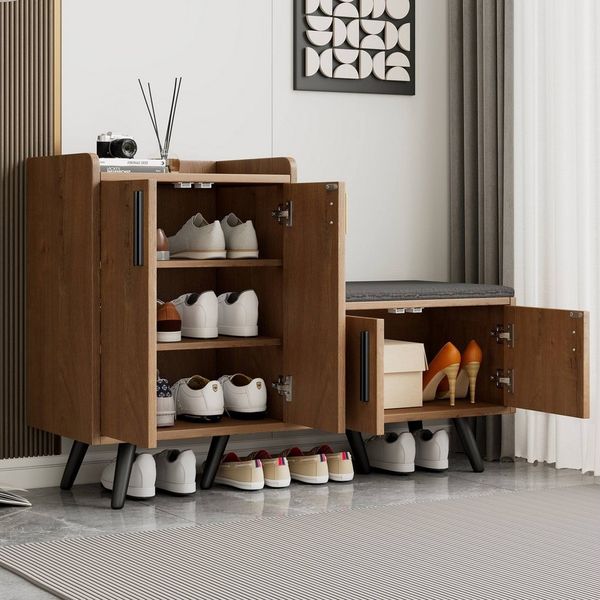 Merax Schuhschrank mit Sitzbank, Schuhregal mit gepolsterter Sitzfläche (1-St, Holzoptik 4 Türen) Stauraum für Schuhe & Taschen