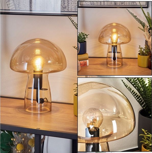 hofstein Tischleuchte Tischlampe aus Metall/Glas in Schwarz/Bernsteinfarben, ohne Leuchtmittel, mit Glasschirmen (18cm) u. An/-Auschalter, 1x E14, ohne Leuchtmittel