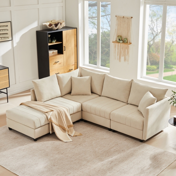 Merax Ecksofa mit vertikalen Streifen, Modulares Sofa, 5-Sitzer-Sofa, mit umwandelbarem Fußhocker, L-förmiges Sofa, U-förmiges Sofa, Beige