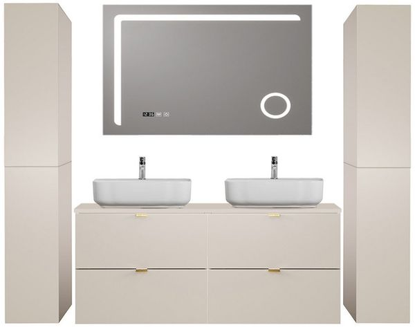 Lomadox Badmöbel-Set DURANGO-56, (Spar-Set, 4-St, LED-Spiegel Doppelwaschtisch Hochschränke), 120cm Waschtisch, kaschmir, verschiedene Grifffarben, LED-Spiegel